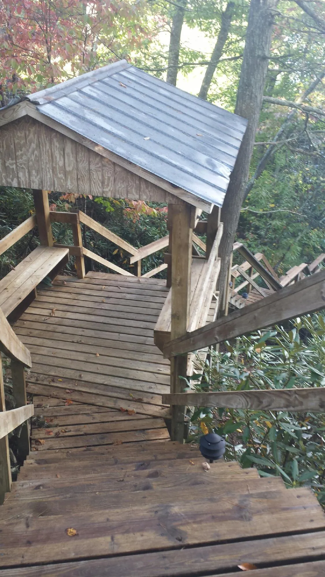 Metal roofed shelter over wooden steps on a wooded walkway — Skylight Repair & Installation work by our crew in Irving